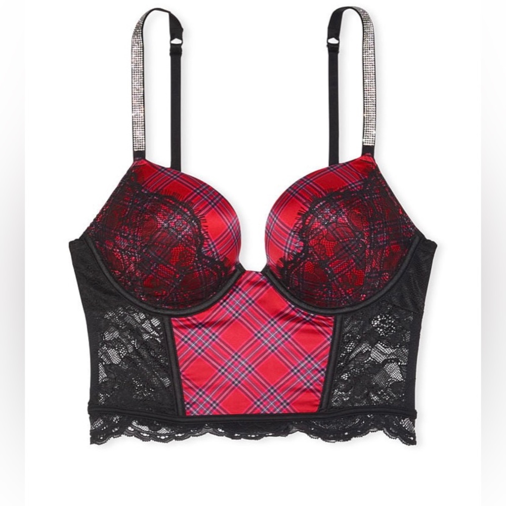 Victoria’s Secret Bombshell Corset Top 32B Sparkle Strap Red and Black P…
